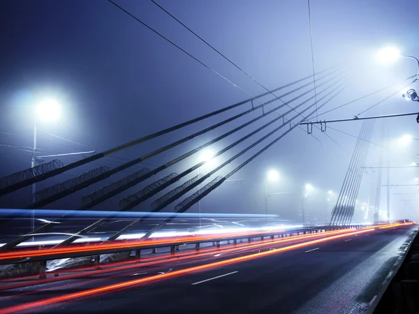 Vansu Bridge lights in fog ,Riga — Stock Photo, Image