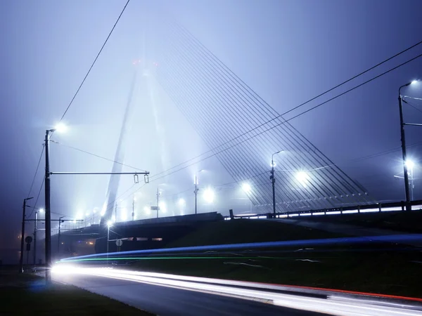 Vansu Bridge lights in fog ,Riga — Stock Photo, Image