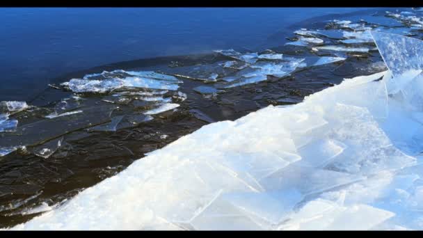 Hielo flotante junto al río, paisaje invernal — Vídeos de Stock