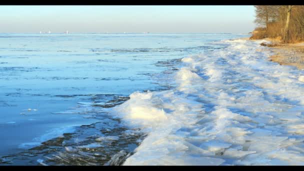 Zwevende ijs door de rivier, winterlandschap — Stockvideo