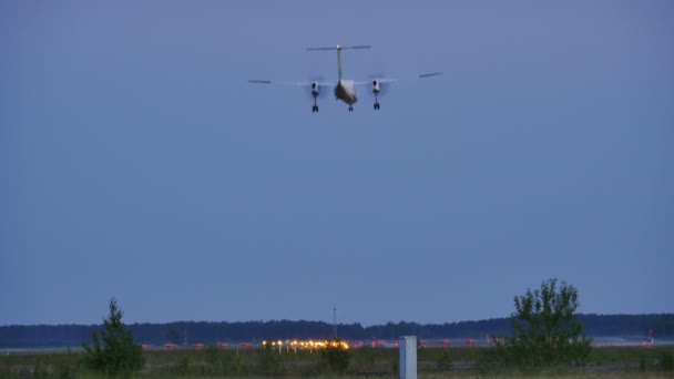 Landing passagiersvliegtuig in de avond — Stockvideo