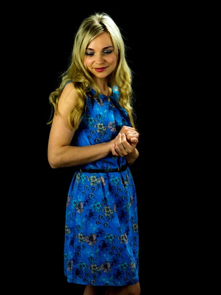Mulher bonita em vestido azul — Fotografia de Stock