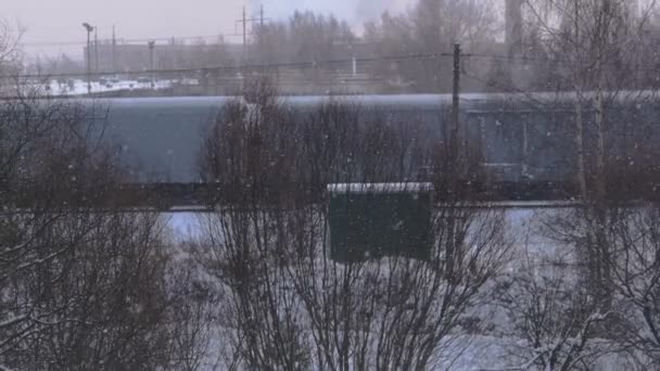 Переміщення вантажного поїзда на залізниці взимку вранці — стокове відео