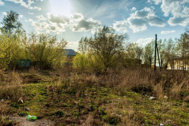 Bahar manzarası, ağaçlar ve bitkiler bulutlu gökyüzünün arka planında.