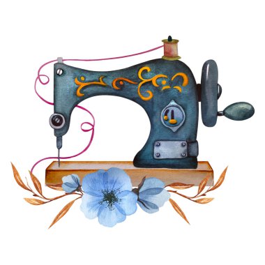 Logo dikiyorum. Çiçek çelenkli klasik dikiş makinesi. Beyaz izole arkaplanda suluboya çizimi. Hobi olarak. Ev yapımı hobi. Nakış, dikiş dikmek. Terzi logosu.. 