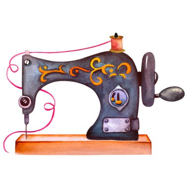 Logo dikiyorum. Antika dikiş makinesi. Beyaz üzerine izole edilmiş suluboya dikiş makinesi. 