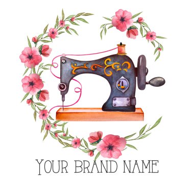 Logo dikiyorum. Çiçek çelenkli klasik dikiş makinesi. Beyaz izole arkaplanda suluboya çizimi. Hobi olarak. Ev yapımı hobi. Nakış, dikiş dikmek. Terzi logosu.. 