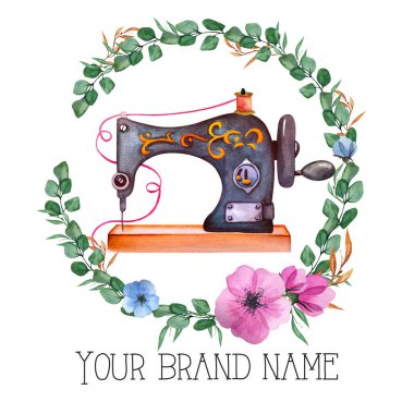 Logo dikiyorum. Çiçek çelenkli klasik dikiş makinesi. Beyaz izole arkaplanda suluboya çizimi. Hobi olarak. Ev yapımı hobi. Nakış, dikiş dikmek. Terzi logosu.. 