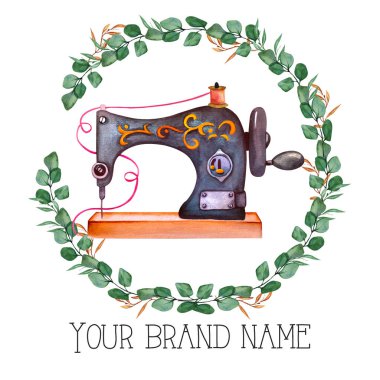 Logo dikiyorum. Çiçek çelenkli klasik dikiş makinesi. Beyaz izole arkaplanda suluboya çizimi. Hobi olarak. Ev yapımı hobi. Nakış, dikiş dikmek. Terzi logosu.. 