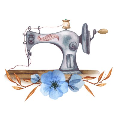 Logo dikiyorum. Çiçek çelenkli klasik dikiş makinesi. Beyaz izole arkaplanda suluboya çizimi. Hobi olarak. Ev yapımı hobi. Nakış, dikiş dikmek. Terzi logosu.. 