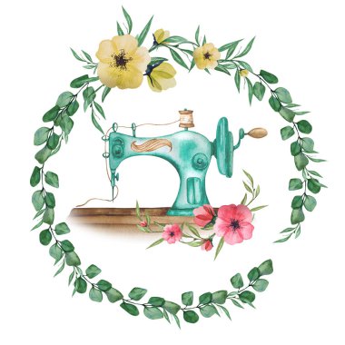 Logo dikiyorum. Çiçek çelenkli klasik dikiş makinesi. Beyaz izole arkaplanda suluboya çizimi. Hobi olarak. Ev yapımı hobi. Nakış, dikiş dikmek. Terzi logosu.. 