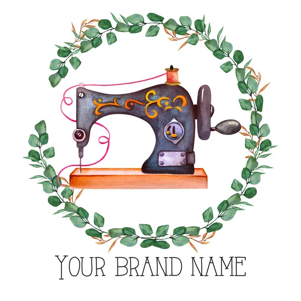 Sewing logo. Vintage sewing machine with floral wreath.  Watercolor illustration on white isolated background. Hobby. Homemade hobby. Embroidery, sewing. Tailor shop logo.