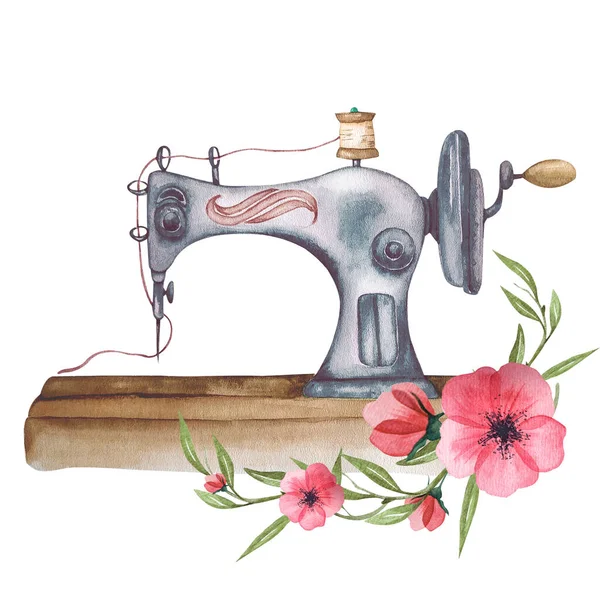 缝制标志 有花环的老式缝纫机 白色孤立背景上的水彩画 Hobby 自制的业余爱好 裁缝店标志 — 图库照片