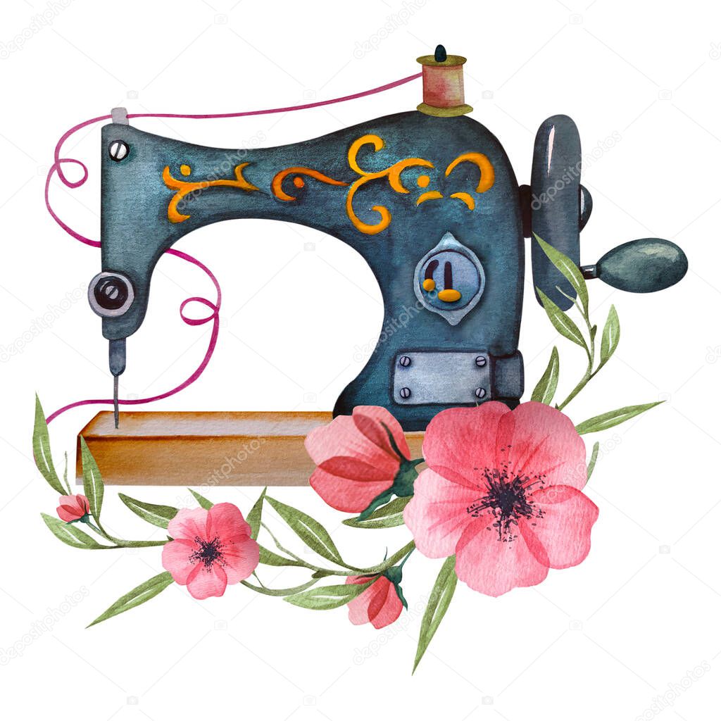 Sewing logo. Vintage sewing machine with floral wreath.  Watercolor illustration on white isolated background. Hobby. Homemade hobby. Embroidery, sewing. Tailor shop logo.