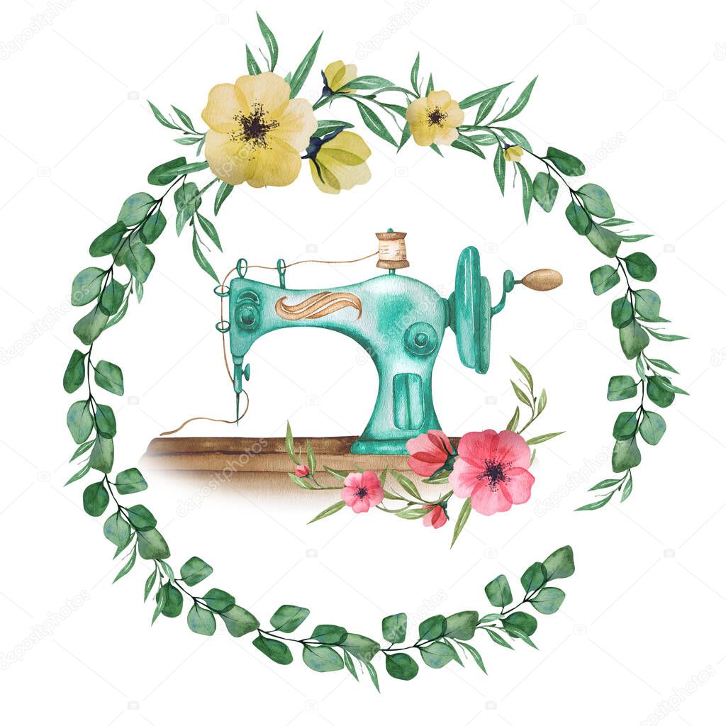 Sewing logo. Vintage sewing machine with floral wreath.  Watercolor illustration on white isolated background. Hobby. Homemade hobby. Embroidery, sewing. Tailor shop logo.