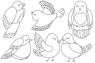 Basit kuşlar sayfa ana hatlarını boyuyor. Çocuk boyama kitabı sayfası. Taslak vektör çizimi. Kuşlar izole edildi. Kuşlar..