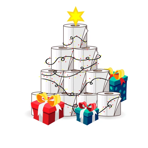 Toilet Roll Pyramid. Winter Holidays during Coronavirus. Christmas and New Year 2021 during Quarantine. Christmas Party Covid-19. Flat Vector Illustration — Stock Illustration Toilet Roll Pyramid Winter Holidays Coronavirus Christmas New Year 2021 Stock Illustration