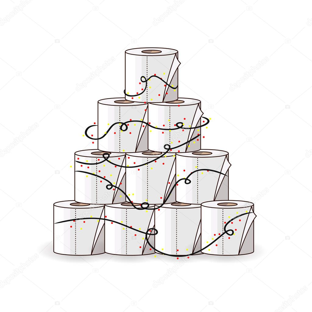 Toilet Roll Pyramid. Winter Holidays during Coronavirus. Christmas and New Year 2021 during Quarantine. Christmas Party Covid-19. Flat Vector Illustration