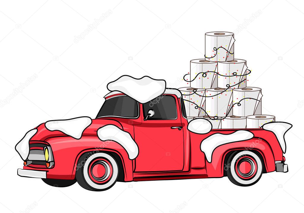 Toilet Roll Pyramid. Winter Holidays during Coronavirus. Christmas and New Year 2021 during Quarantine. Christmas Party Covid-19. Flat Vector Illustration