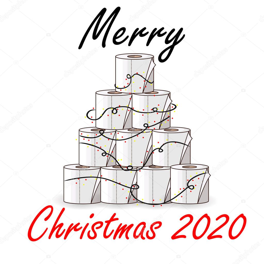 Toilet Roll Pyramid. Winter Holidays during Coronavirus. Christmas and New Year 2021 during Quarantine. Christmas Party Covid-19. Flat Vector Illustration