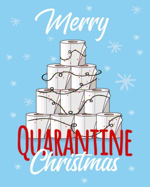 Tuvalet kağıdı piramidi kartpostalı. Mutlu Karantina Noel kartları. Coronavirus döneminde kış tatili. 2020 Noel 'i. Noel Partisi Covid-19. Düz Vektör İllüstrasyonu