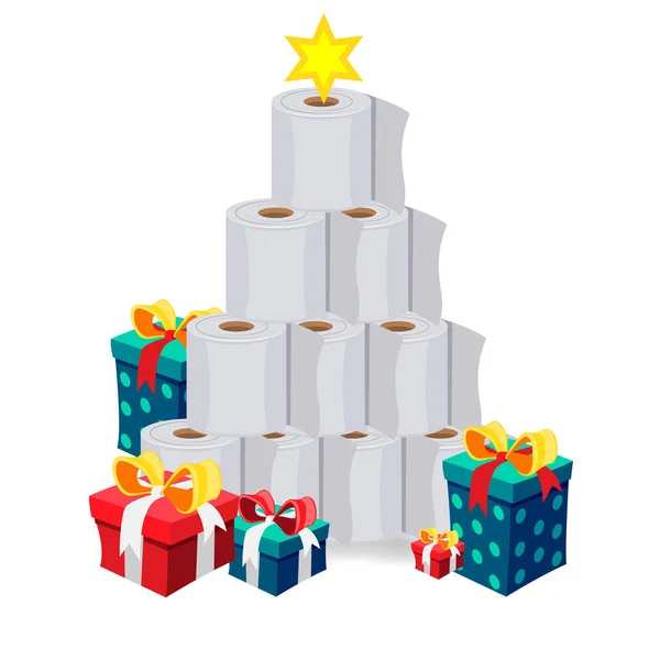 Toilet Roll Pyramid. Winter Holidays during Coronavirus. Christmas and New Year 2021 during Quarantine. Christmas Party Covid-19. Flat Vector Illustration — Stock Illustration Toilet Roll Pyramid Winter Holidays Coronavirus Christmas New Year 2021 Stock Vector