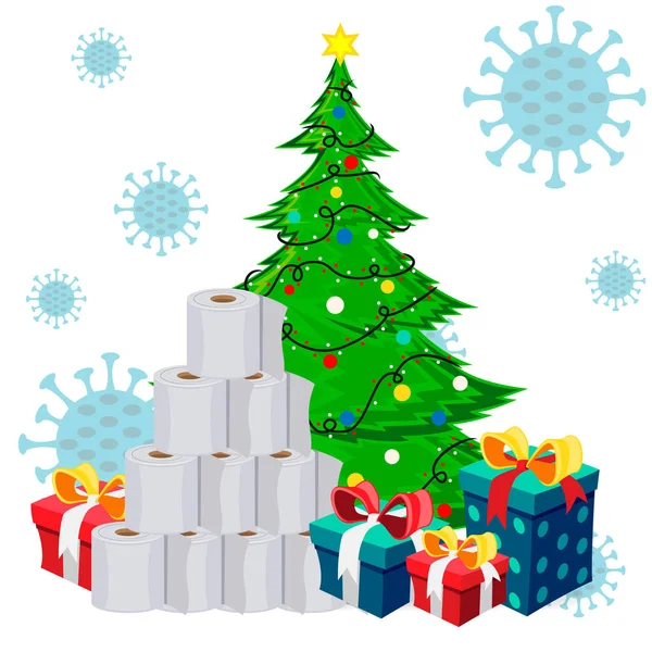 Toilet Roll Pyramid. Winter Holidays during Coronavirus. Christmas and New Year 2021 during Quarantine. Christmas Party Covid-19. Flat Vector Illustration — Stock Illustration Toilet Roll Pyramid Winter Holidays Coronavirus Christmas New Year 2021 Stock Illustration