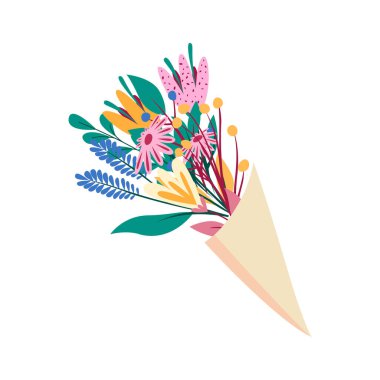 Çiçek demeti düz vektör beyazı izole etti. Şirin çiçek buketi izole edilmiş..