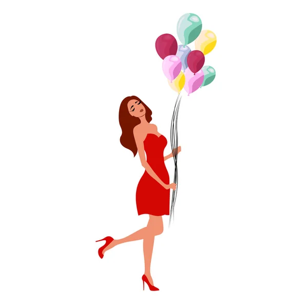 Mulher Bonita Feliz Segurando Balões Coloridos Isolados Fundo Branco Ilustração — Vetor de Stock