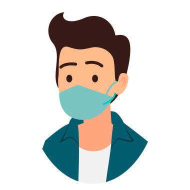 İnsanlar beyaz üzerine izole edilmiş maske ikonu ile karşı karşıya. Güvenlik işaretine dikkat edin. Koruyucu maske takan adam. Ziyaret dükkanları, kamusal alanlar, koronavirüs, kendini nasıl koruyacağın kuralları, ofis çalışanı maske takar.