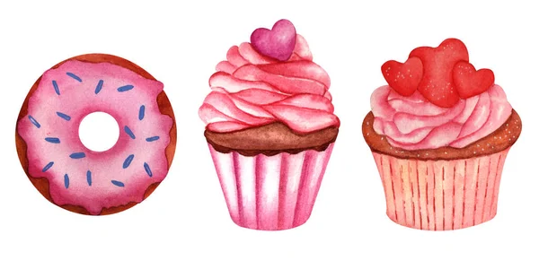 Acuarelas Mano Dibujo Dulces Set Cupcake Acuarela Dibujado Mano — Foto de Stock