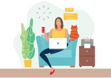 Merkez ofis konsepti. Evden çalışan bir kadın. Öğrenci ya da serbest yazar konsepti. Dizüstü bilgisayarı olan kız sandalyede oturuyor. Serbest çalışmak ya da konsept çalışmak. Şirin vektör çizimi, düz biçim