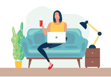 Merkez ofis konsepti. Evden çalışan bir kadın. Öğrenci ya da serbest yazar konsepti. Dizüstü bilgisayarı olan kız sandalyede oturuyor. Serbest çalışmak ya da konsept çalışmak. Şirin vektör çizimi, düz biçim