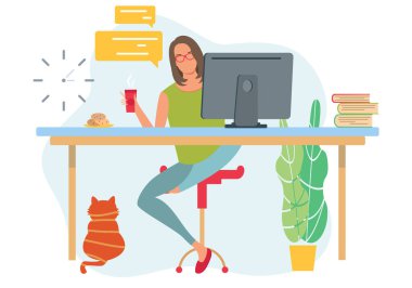 Merkez ofis konsepti. Evden çalışan bir kadın. Öğrenci ya da serbest yazar konsepti. Serbest çalışmak ya da konsept çalışmak. Şirin vektör çizimi, düz biçim