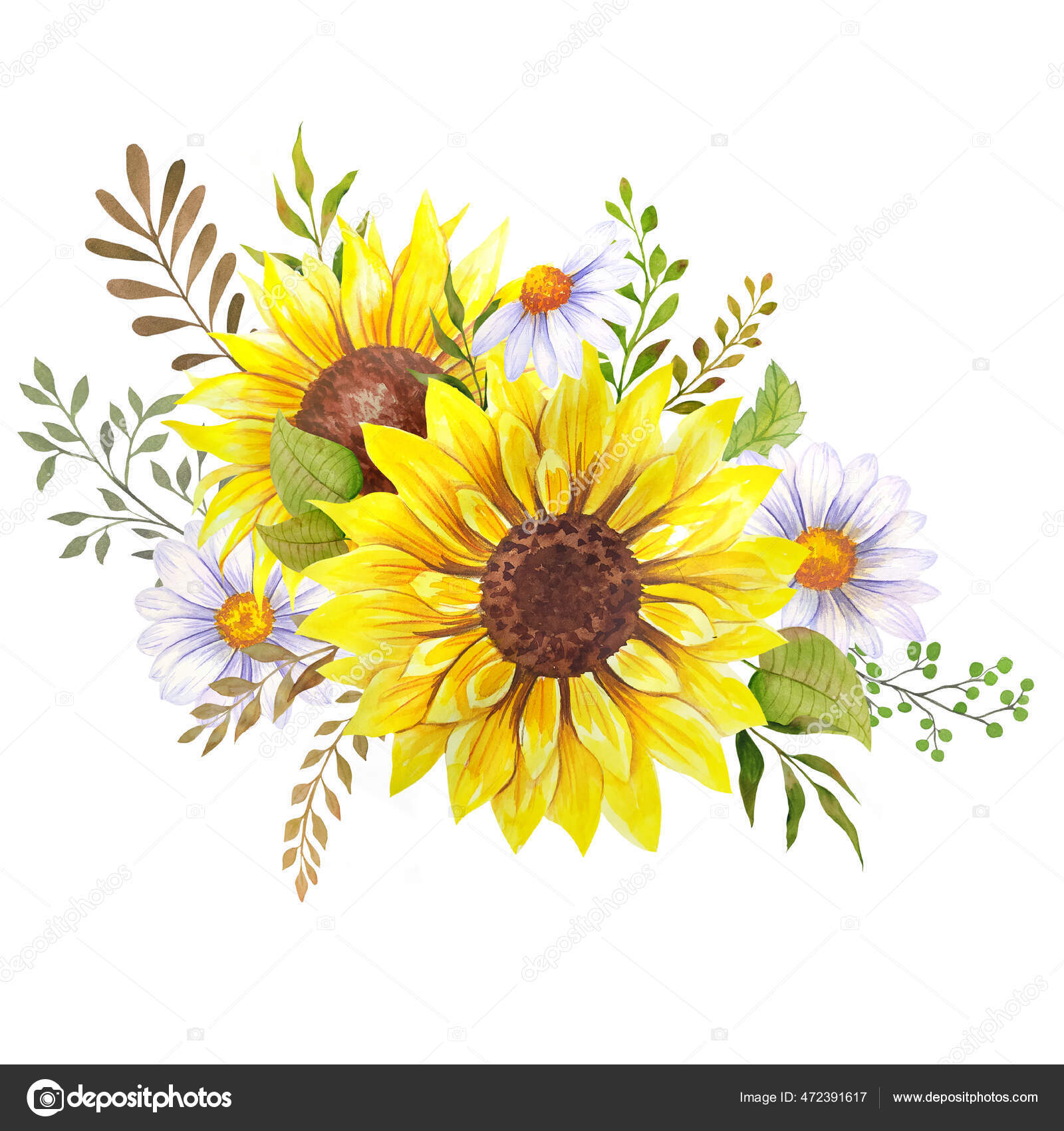Aquarell Wildblumen Strauß Handbemalte Sonnenblumensträuße Sonnenblumen  Blumenarrangements Cliparts Für Hochzeitseinladungen-Stockillustration von  ©Caraulanart #472391617