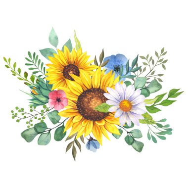 Suluboya yaban çiçekleri buketi, el boyası ayçiçeği buketleri, ayçiçeği çiçek aranjmanı. Düğün davetiyesi ortamı. Suluboya çiçekleri. Botanik çizimi. Beyaz arkaplan.