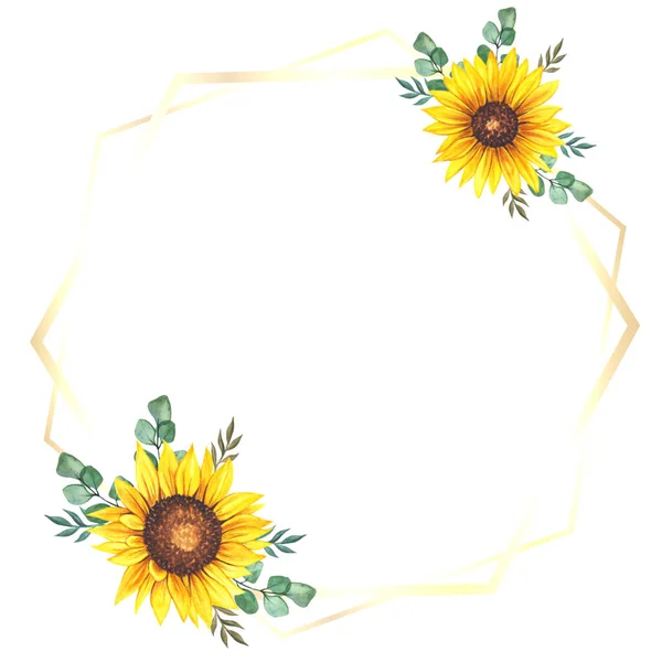 Kwiatowe Ramy Słonecznikami Liśćmi Akwarelowa Ramka Słonecznika Białe Tło Akwarela — Zdjęcie stockowe