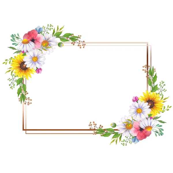 Floral Frames Wildflowers Leaves Watercolor Sunflower Frame White Background Watercolor — Stock Photo, Image