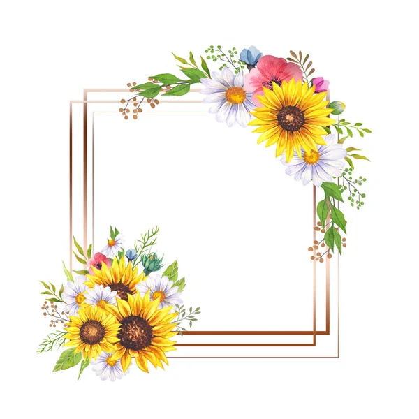 有野花和叶子的花框架 水彩画向日葵框架 白色背景 水彩花 植物学绘图 水彩画野花框架 几何花框 — 图库照片