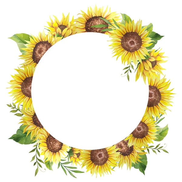 Suluboya Ayçiçeği Çerçevesi. Ayçiçekli ve yapraklı çiçek çerçevesi. Beyaz arka plan. Suluboya çiçekleri. Botanik Çizim.