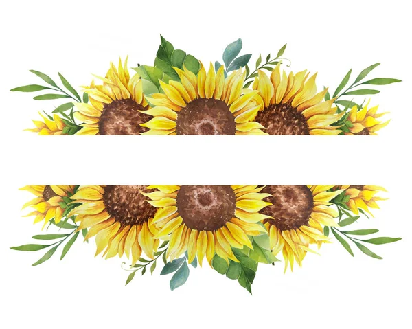 Watercolor Sunflower Frame Floral Frame Sunflowers Leaves White Background Watercolor — 图库照片