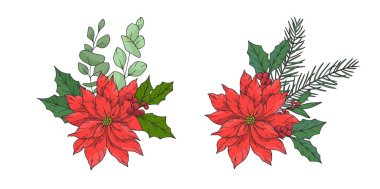 Noel Buketleri Tasarımı. Tatil Kutlama Kartı. Poinsettia 'lı Winer Yeşilliği. Noel süslemeleri ile moda vektör illüstrasyonu. Web tasarımı, sosyal medya afişi, pazarlama, reklamlar