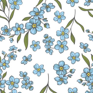 Botanical Background with forget me not flowers and leaves soft pastel tones. Floral Seamless background Illustration. Floral Seamless Pattern. Botanical pattern for wrapping paper, textile, fabric prints