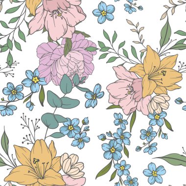 Botanical Background with forget me not flowers and leaves soft pastel tones. Floral Seamless background Illustration. Floral Seamless Pattern. Botanical pattern for wrapping paper, textile, fabric prints