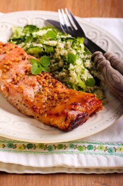Mustard and honey glazed salmons and salad  clipart