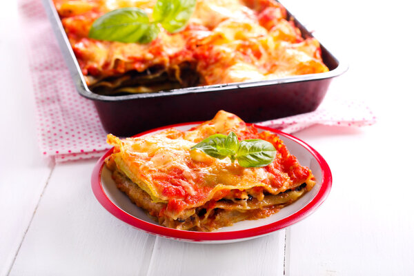 Aubergine and zucchini lasagna slice