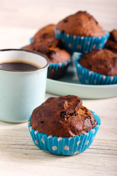 Muffins Banana Chocolate Com Xícara Café — Fotografia de Stock