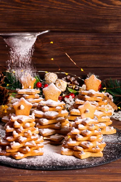 Gingerbread Christmas Tree Cookies Icing Sugar — Stock Photo, Image