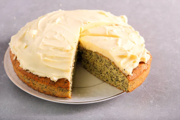 Citrus Poppy Seed Cake Cream Topping Sliced Selective Focus — Stock Photo, Image