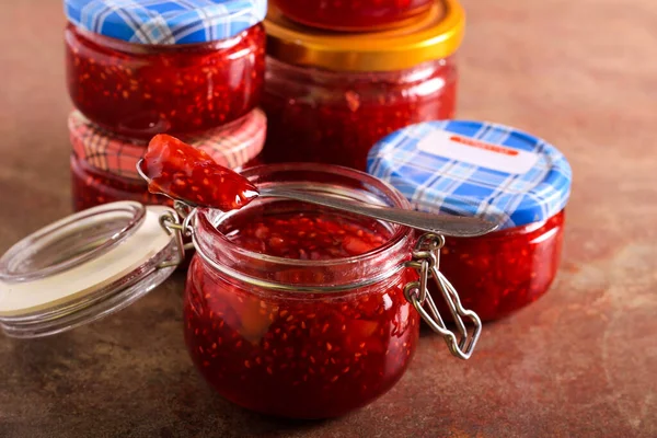 Marmellata Lamponi Pesche Fresca Fatta Casa Barattolo — Foto Stock